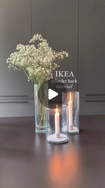 Mina on Instagram: "@home.by.mi made this IKEA Cylinder hack  Aesthetically pleasing but also functional ✨  The base prevents the vase to get wax on it so you can switch it out anytime you want without having to clean it first.  Love to know what you think 🤍 More @home.by.mi   You can find a step-by-step tutorial on the thornior.com blog ✨  #diy #interiordesign #hack #ikeahack #ikea #candle #thornior" Cheap Vases For Centerpieces, Ikea Candle Hack, Lights In Glass Vase, Cylinder Vase Decor, Cylinder Vase Ideas, Ikea Vase, Ikea Candles, Ikea Vases, Candle Hack