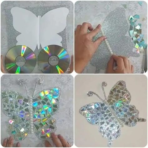 Butterfly Wall Art Diy, Cd Crafts Diy, Art Cd, Old Cd Crafts, Decorative Butterfly, Cd Diy, Diy Wings, Mosaic Flower Pots, Inkle Weaving