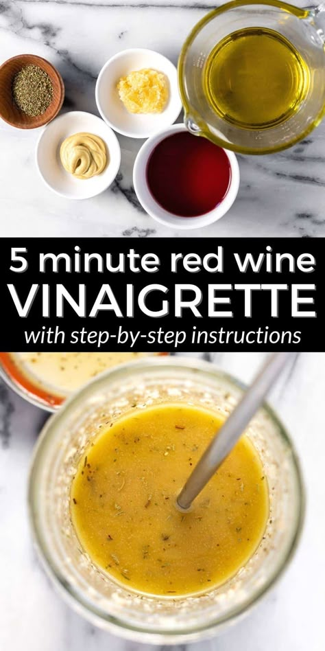 The Best Red Wine Vinaigrette Recipe (5 Minutes!) Red Wine Vinaigrette Dressing Recipe, Red Wine Vinegarette, Vinegrette Recipe, Red Wine Vinegar Salad Dressing, Red Wine Vinegar Recipes, Healthy Dressing Recipes, Creamy Balsamic Dressing, Red Wine Recipe, Vinaigrette Dressing Recipe