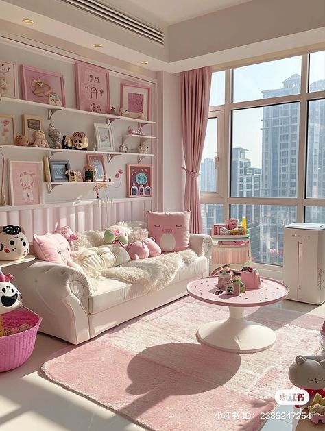 Pink Gray Living Room Decor, Pink House Design, Cozy Living Rooms Pink, Pink Houses Interior, Pink Interior Design Living Room, Pink Appartement Aesthetic, Cutecore Living Room, Kawaii Living Room Ideas, Pastel Danish Living Room