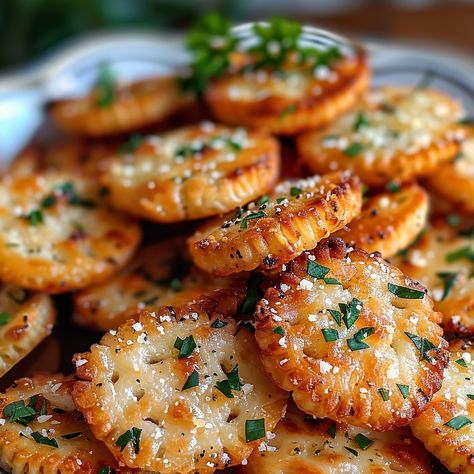 Parmesan Garlic Ritz Bites - Grammy Recipes Garlic Butter Ritz Bits, Garlic Crackers Recipe, Appetizer Recipes Using Ritz Crackers, Easy Finger Foods For Small Gathering, Baked Garlic Parmesan Oyster Crackers, Cheesy Garlic Ritz Crackers, Garlic Bread Ritz Cracker Bites, Garlic Ritz Bits Crackers, Brazi Bites Appetizers