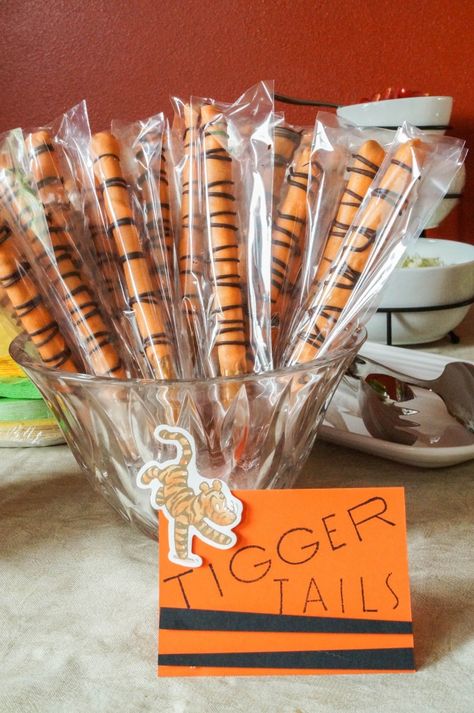 Tigger Tails for Winnie the Pooh Baby Shower Tigger Tails, Pooh Bebe, Football Banquet, Dipped Pretzels, Tiger Tails, Lion King Baby Shower, Tiger Birthday, Winnie The Pooh Themes, Wild Party