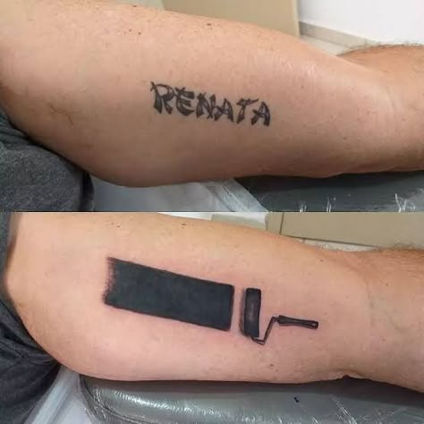 Funny Cover Up Tattoos, Paint Brush Cover Up Tattoo, Small Wrist Tattoos Cover Up, Tattoo Cover Ups Men, Tattoo Cover Up For Words, Simple Cover Up Tattoos Men, Recover Tattoo Ideas, Wrist Tattoos Men Cover Up, Cover Up Wrist Tattoo For Men