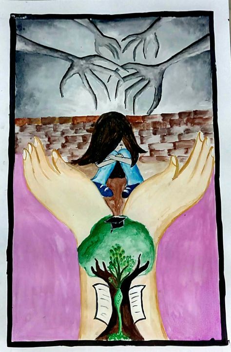 New Normal Education Poster, Social Problems Poster, Save The Girl Child Painting, Save The Girl Child Poster Drawing, Normal Drawing, Art Competition Ideas, Rangoli Designs For Competition, Theme Painting, India Poster