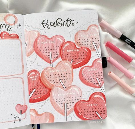 Doodle Bujo Journal Ideas, Journal Ideas Love, February Habit Tracker, Reading Journal Ideas Inspiration, Self Love Journal Ideas, Aesthetic Habit Tracker, Month Themes, Polaroid Book, February Aesthetic