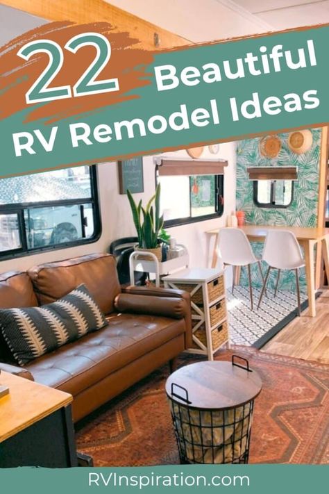 Sometimes RVs need face-lifts. We’re not referring to just old models, either. Even RVs bought straight off the dealer lot need some remodeling to make them feel like home. Let’s take a look at 22 beautiful RV remodel ideas that you can incorporate in your travel trailer, fifth wheel, motorhome, or camper van. Not only will these remodel ideas make your RV feel homey, but they’ll also create a more functional space so that you can better enjoy your travels. #rvremodel #rvdecorating Remodeling Motorhome Rv Interior, Redoing Old Campers Rv Interior, Diy Travel Trailer Ideas, Jayco Jayflight Travel Trailer Remodel, Trailer Remodel Before And After, Rv Remodel Color Schemes, Rv Rustic Remodel, Toterhome Interior, Rv Bus Interior