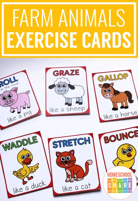 Farm Animal Exercise Cards – Homeschool Share Farm Animal Music And Movement, Animal Movement Cards Free Printable, Movement Cards For Kids Free Printable, Farm Animal Movement Cards, Farm Animal Movement, Animal Sounds Activity, Animal Exercises, Preschool Movement Activities, Farm Animals Games