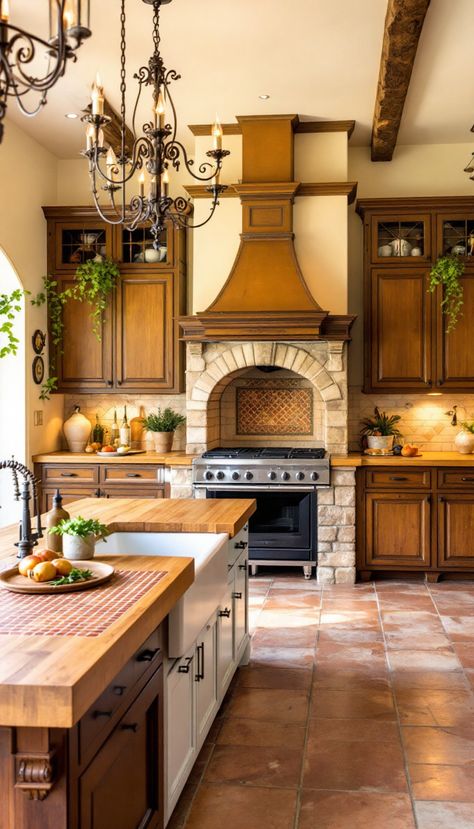 Step into a sun-drenched kitchen reminiscent of the Italian coast, where rustic elegance meets culinary brilliance. This design features a focal stone pizza oven and a communal farmhouse table, basking in the golden glow of sunset light. Large, floor-to-ceiling windows open up to breathtaking views of the rolling Tuscan hills, while vintage iron chandeliers provide a cozy ambiance. Experience the warmth and charm of Tuscany in this captivating kitchen, designed to inspire and delight. Italian Country Kitchen Tuscany, Spanish Ranch Style Homes Kitchen, Italian Style Kitchen Decor, Sun Roofs Ceilings Kitchen, Mediterranean Style Kitchen Tuscan Decor, Mediterranean Villa Kitchen, Tuscan Home Remodel, Italian Aesthetic Kitchen, Tuscan Kitchen 2000s