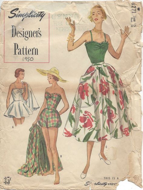 1950s Vintage Sewing Pattern: B33 Bathing Suit & Skirt (R975) by Simplicity 8271 50s Dress Pattern, Bathing Suit Skirt, 1950s Sewing Patterns, Mother Daughter Fashion, Patron Vintage, Design Moda, Vintage Dresses 50s, Suit Pattern, 1950 Vintage