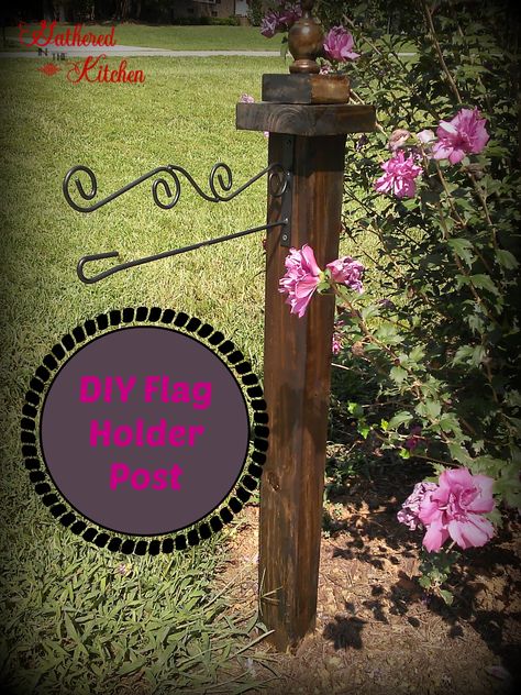 Wooden Flag Holder | Gathered In The Kitchen | Diy Flag Holder, Diy Garden Flag, Garden Flag Holder, Diy Flag, Painting Shutters, Garage Door Makeover, Flag Holder, Diy Planter Box, Makeover Before And After