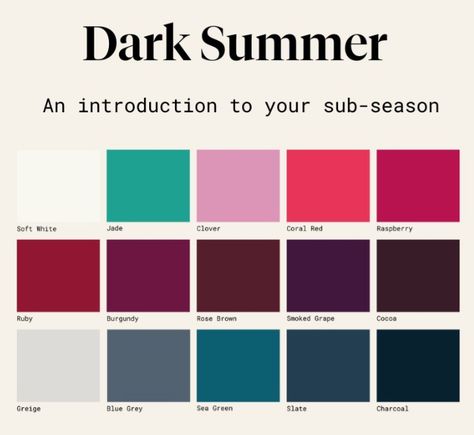 Dark Summer Capsule Wardrobe, Dark Summer Color Analysis, Dark Soft Summer Color Palette, Soft Summer Dark Colors, House Of Colour Dark Summer Outfits, Deep Summer Color Palette, Dark Summer Color Palette, Summer Color Season, Cool True Summer