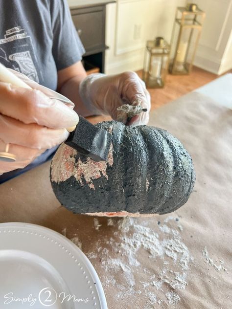 Diy Textured Pumpkins, Painted Faux Pumpkins, Painting Faux Pumpkins, Concrete Pumpkins, Pottery Barn Pumpkin, Pottery Barn Black, Fake Pumpkins, Fall Craft Ideas, Plastic Pumpkins