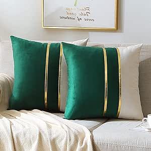 WACOMECO Velvet Throw Pillow Covers - Soft Decorative Cushion Covers Cases with Gold Leather for Sofa Bedroom Livingroom Car, 18 x 18 in, Dark Green and White Draps Design, Gold Pillow Covers, Gold Throw Pillows, Luxury Pillow, White Throw Pillow, Bantal Sofa, White Throw, Velvet Throw Pillow, Luxury Pillows