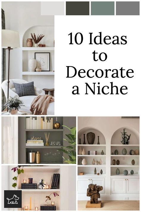 Decorate your niche with flair using our 10 creative ideas. Turn it into a mini art gallery by displaying framed paintings or photographs. Install floating shelves to showcase books, plants, or unique trinkets. For a dramatic effect, backlight the niche with LED strip lighting. Paint the inside of the niche in a bold color or use wallpaper to create a focal point. For a serene vibe, place a Buddha statue or a small water feature inside. How To Style Arched Wall Niche, Inset Wall Niche, Shallow Wall Niche Ideas, High Ceiling Wall Niche Decorating Ideas, How To Decorate Floating Shelves Bedroom, Bedroom Niche Ideas, Decorating Niches In Wall, Inside Wall Shelves, Large Niche Decor Ideas