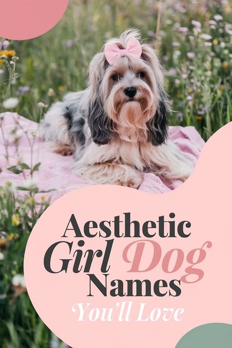 Silky haired dog with a bow on a picnic blanket in a meadow with text suggesting aesthetic girl dog names. Good Names For Dogs, Cute Rare Dog Names, Shih Tzu Names Female, Strong Dog Names Girl, Cute Dog Names Female Unique, Female Dog Names Country, Girly Dog Names, Unique Girl Dog Names List, Girl Dogs Name