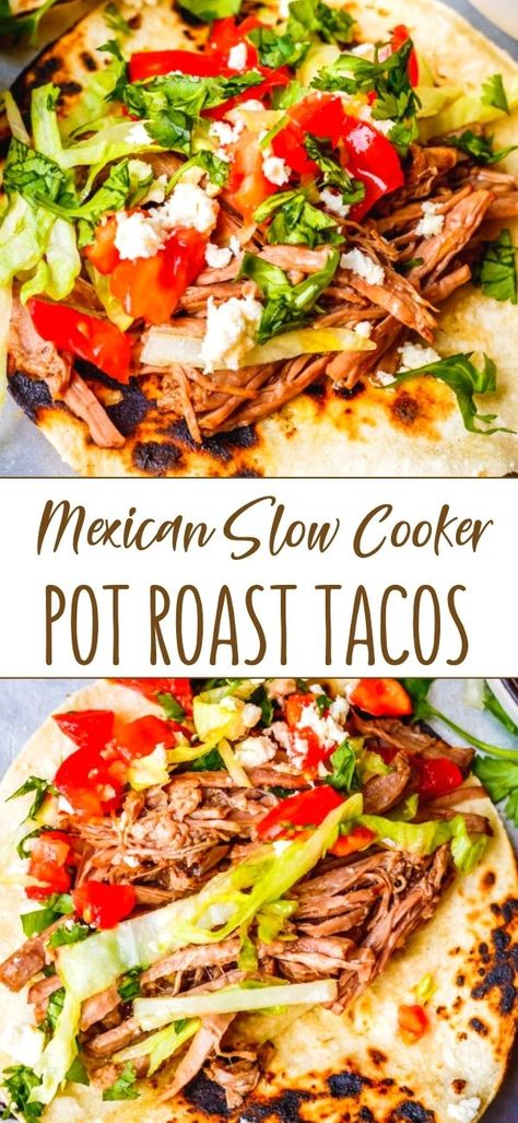 Pot Roast Burritos, Mexican Style Pot Roast, Chuck Roast Crock Pot Tacos, Spicy Pot Roast Slow Cooker, Roast Beef Crock Pot Recipes Mexican, Slow Cooker Chuck Roast Tacos, Chuck Roast Taco Recipes, Beef Roast Crockpot Recipes Mexican, Crockpot Chuck Roast Tacos