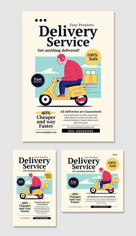 Food Delivery Service Flyer + Instagram Post and Story Templates PSD, AI Service Flyers Design, Service Advertisement Poster, Online Ads Design, Ad Flyer Design, Delivery Instagram Post, Emailer Design Inspiration, Home Delivery Poster, Free Delivery Poster, Story Ads Design