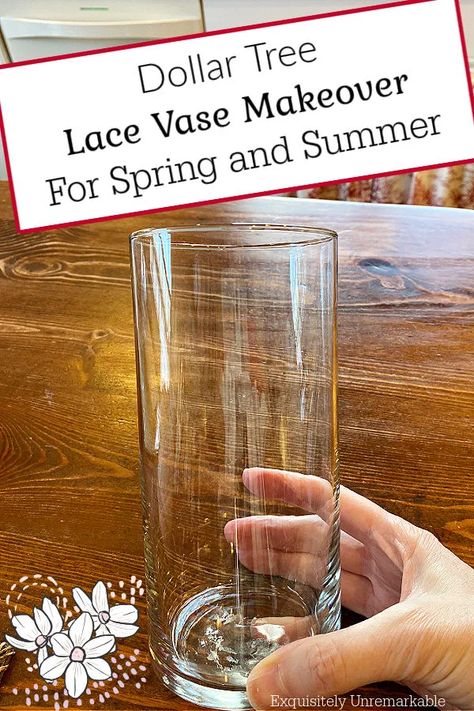 Dollar tree lace vase makeover for spring and summer Decorate Vases Diy, Spring Diy Centerpieces, Tall Glass Vase Ideas Centerpieces, Vintage Mason Jar Centerpieces, Creative Centerpieces Without Flowers, Simple Flower Vase Centerpiece, Wedding Vase Ideas, Tall Clear Glass Vases Decor Ideas, How To Decorate Glass Vases