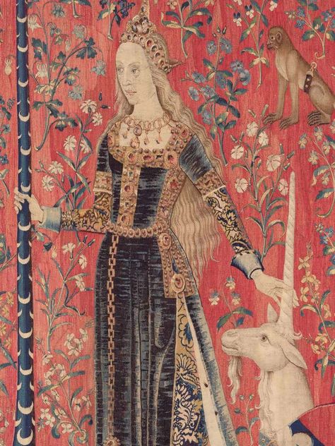 Lady And The Unicorn Tapestry, Historical Fashion Medieval, The Lady And The Unicorn, Middle Ages Art, Lady And The Unicorn, Courtly Love, Unicorn Tapestry, Unicorn Tapestries, Medieval Artwork