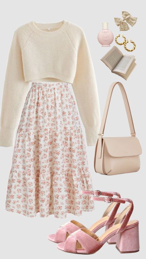 #cottagecore #modestfashion #vintage #classy #spring #fashion #outfitideas #skirt #sweater #pinkaesthetic #softaesthetic #churchoutfit #casual #modest #coquette Modesty Outfits, Cute Modest Outfits, Elegante Casual, Easy Trendy Outfits, Modest Fashion Outfits, Mode Inspo, Cute Everyday Outfits, Girly Outfits, Casual Style Outfits