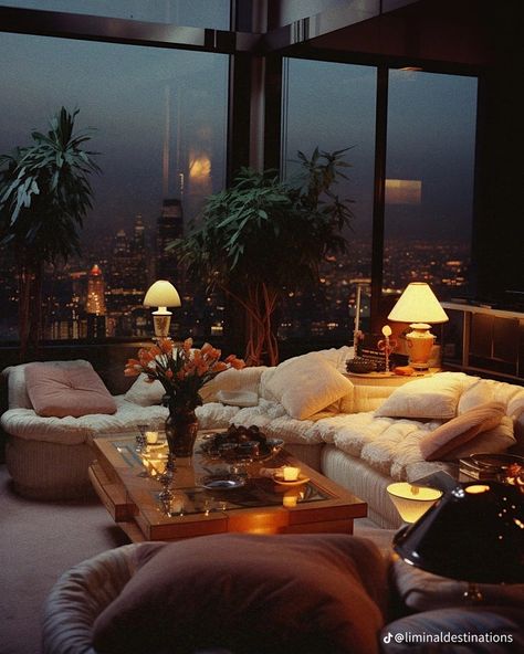 90s Aesthetic Interior Design, 80s Architecture Interiors, Dark Luxurious Living Room, Vintage Luxury Apartment, 80’s Interior Design, Night Time Living Room, 90s Penthouse, 80s Condo, 80s Luxury Aesthetic