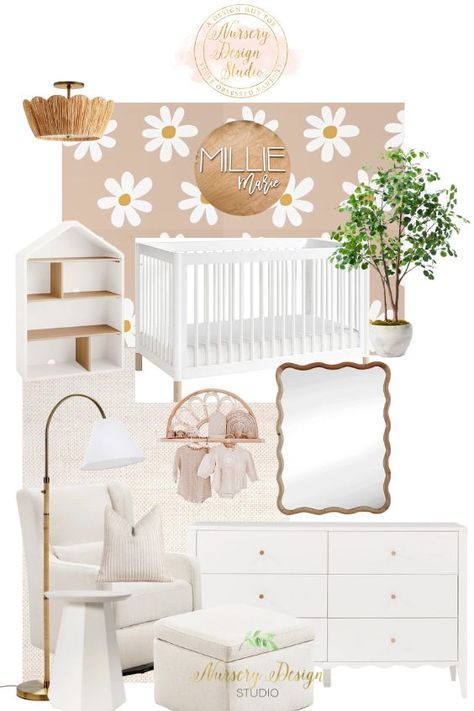 Portfolio - Nursery Design Studio Daisy Themed Nursery Decor, Daisy Theme Nursery Room, Nursery Floral Decor, Boho Daisy Nursery Theme, Girl Nursery Themes Flower, Daisy Themed Room, Daisy Flower Nursery Theme, Nursery Ideas Daisy, Pink Daisy Nursery