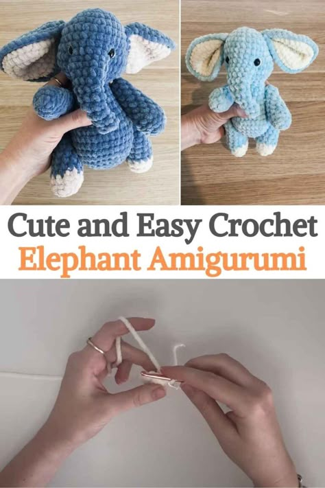 This is a project to crochet this adorable stuffed elephant. Evie Elephant is so soft and cuddly; she will surely be a best friend to you or a loved one. The instructions are clear and neat and contain photos of every step of the way. This project is ideal for Beginners and Intermediate crocheters. The original size of the project is: 23 cm / 9 inches, depending on the materials used, also please note that safety eyes are NOT recommended for children under 3 years of age. Crochet Elephant Pattern Free, Cute And Easy Crochet, Baby Elephant Toy, Amigurumi Elephant Pattern, Elephant Amigurumi, Crochet Elephant Pattern, Stuffed Elephant, Elephant Stuffed Animal, Easy Crochet Animals