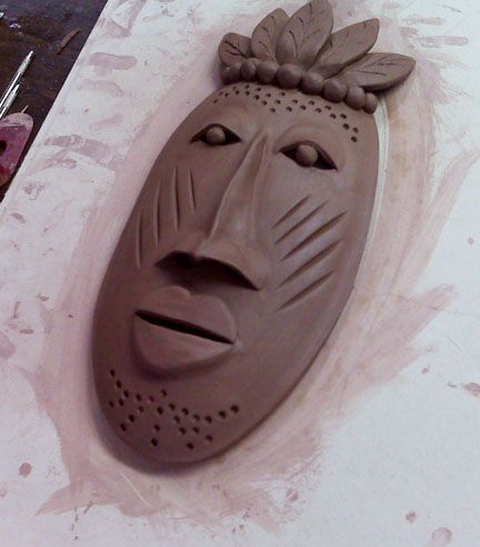 Hand built clay African Clay Mask, Ceramic African Masks, Clay African Masks, African Clay Art, Ceramic Masks Ideas, Slab Pottery Ideas, Clay Mask Art, Hand Built Clay, Ceramic Masks