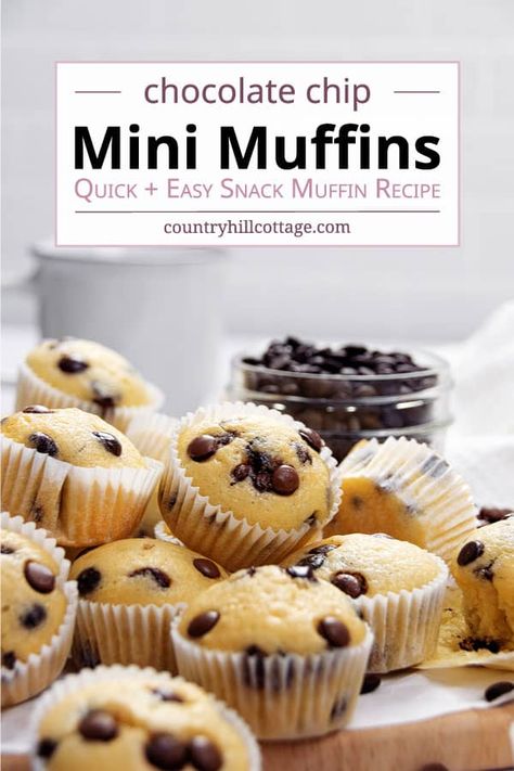 See how to make the best easy homemade mini chocolate chip muffins. These mini chocolate chip muffins are super tender and bouncy, studded with chocolate chips in every bite. Not only are they ready in 30 minutes, you only need 7 basic ingredients to make these no-mixer muffins. This mini muffins recipe is perfect for kids, toddlers, breakfast, lunch boxes, or as a bite-sized snack. With tips for variations with cinnamon, gluten free, funfetti, nuts, and fruits.| CountryHillCottage.com Holiday Mini Muffins, Chocolate Chip Mini Muffins, Homemade Chocolate Chip Muffins, Mini Muffin Tin Recipes, Mini Muffin Recipe, Choc Chip Muffins, Mini Chocolate Chip Muffins, Tin Recipes, Chocolate Chip Muffin Recipe