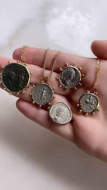 BCE Jewelry on Instagram: "Current ancient coin pendants and rings in stock All are available and set in 14k yellow gold Chains sold separately Please dm for inquiries Left is sold Right is sold Second from left is sold" Gold Coin Pendant Jewelry From Recycled Gold, Symbolic Metal Coin Pendant Jewelry, Antique Coin Necklace In Metal, Vintage Gold-tone Jewelry With Coin Pendant, Ancient Coin Pendant, Ancient Coin Jewelry, Vintage Brass Coin Necklace, Tarnish Resistant, Coin Bracelet, Ancient Coins