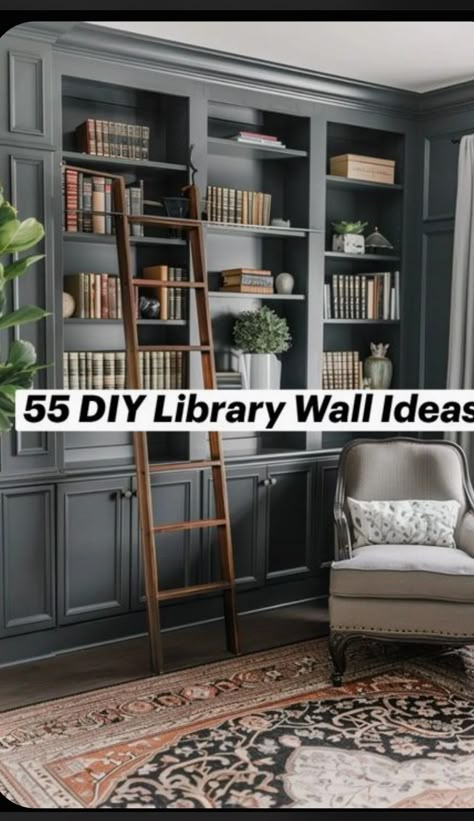 Small Library Room Ideas Modern, Built In Bookcase With Ladder Library Wall, Bookshelves With Ladder Built Ins, Large Bookshelf Living Room, Wall Bookshelf With Ladder, Office Bookcase Design, Library Wall Ladder, Build Library Wall, Bookshelf And Cabinet Wall