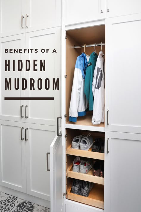 Inside Of Mudroom Cabinets, Mudroom Coat Cabinet, Closed Cabinet Mudroom, Concealed Mudroom Storage, Mud Room Cabinet Organization, Mudroom Cabinet Storage, Built In Cabinets Mudroom, L Shaped Mudroom Bench With Storage, Mudroom Lockers With Outlets