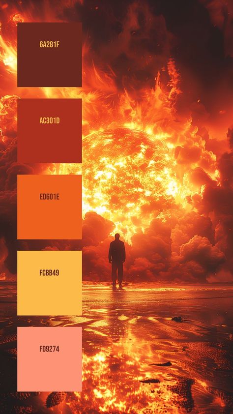 Colors: 6A281F ° AC301D ° ED601E ° FCBB49 ° FD9274 Fire Pallete Color, Red And Yellow Colour Palette, Orange And Red Palette, Fiery Color Palette, Fireworks Color Palette, Dark Orange Palette, Phoenix Color Palette, Fire Colour Palette, Leo Color Palette