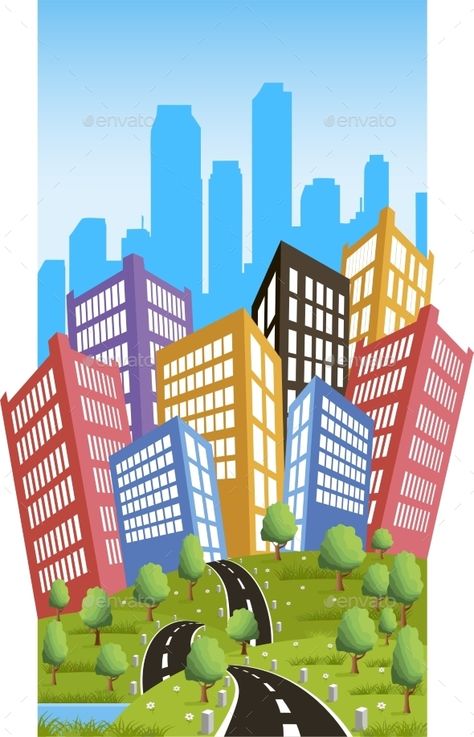 Cartoon illustration of a road to a city Bday Background, City Rats, Superhero City, Spiderman Room, Cartoon Building, Creative Clips, Animal Print Background, Watercolor Art Landscape, Building Illustration