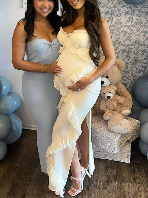 Maternity Garden Party Outfit, White Dress For Gender Reveal, Gender Reveal White Dress, Cream Baby Shower Dress, Gender Reveal Dress Black Women, White Gender Reveal Dress, Fall Baby Shower Dress For Mom, Baby Shower Outfits For Mom Summer, Pregnant Birthday Outfit