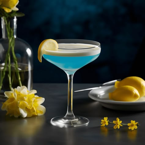 Blue Lady Cocktail Recipe - The Blue Lady cocktail offers a harmonious blend of sweet and sour with a creamy texture. The citrus tang from the lemon juice is perfectly balanced by the sweetness of the blue curaçao, while the gin provides a complex botanical backdrop. The egg white adds a smooth, frothy finish that rounds out the drink. Blue And Yellow Drinks, Blue Lady Cocktail, Blue Curacao Cocktails, Blue Mocktail, Botanical Backdrop, White Lady Cocktail, Blue Hawaii Cocktail, Gin Drink Recipes, Bees Knees Cocktail