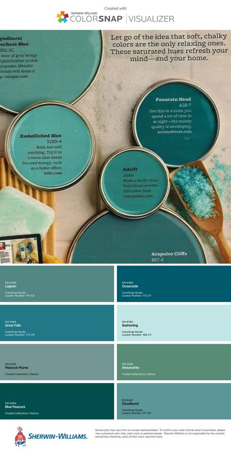 Turquoise House Interior, Spa Like Bedroom Paint Colors, Sea Green Interior Design, Teal Trim, Hunter Green Pallet Color Inspiration, Sage And Teal Living Room, Aqua Green Color Palette, Turquoise Bathroom Paint, Turquoise Living Room Ideas