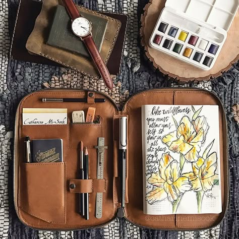 #WorldWatercolorGroup - Watercolor by Catharine Mi-Sook - #doodlewash Artist Palettes, Travel Art Kit, Drawing Bag, Bag Essentials, Art Bag, Furniture Bedroom, Storage Diy, Diy Pallet, Leather Projects