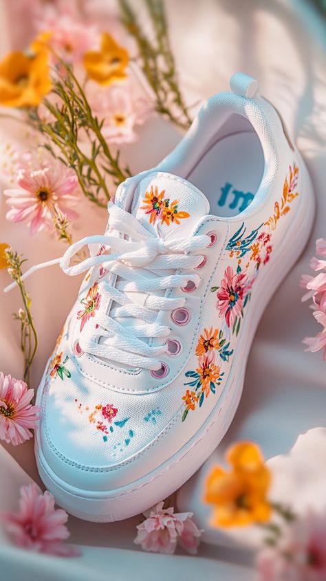 Hand-painted white sneakers with pastel floral designs, surrounded by soft, natural lighting. Captured in detail using a Canon EOS R5 and RF 50mm f/1.2L lens for a vibrant, fresh look. Painted White Sneakers, Cute Converse Shoes, Cute Converse, Floral Sneakers, Painted Sneakers, Upcycle Clothes Diy, Pastel Flowers, Pastel Floral, Unique Shoes