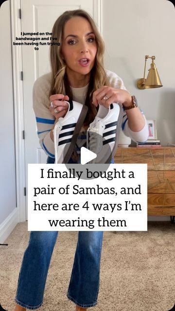 Merrick White / Style Educator on Instagram: "4 ways I’m wearing my new Adidas Sambas sneakers…I finally jumped on the bandwagon! Which outfit do you want to copy??  If you have a pair as well, and need some outfit ideas, I hope this is helpful.  Looking for links? Comment below with the word LINK and I’ll send you a DM with links to all these outfits.  Also, I know sizing is funky for the sambas, but for this pair, they fit very true to size and are VERY comfortable. No break in time required.  #4wayswithmerrick" White Shoe Outfits For Women, Samba Addidas Outfits Women, Adidas Samba Office Outfit, Jeans Samba Outfit, Adidas Shoes Samba Outfit Women, Jeans With Sambas, Women Samba Outfit, Socks To Wear With Sambas, Casual Samba Outfit