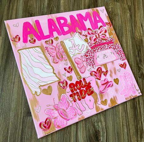 Canvas commission 🫶🏼🩷🌸 #alabama #rolltide #art #artwork #canvas Painting Ideas On Canvas College, Alabama Painting, Alabama Dorm Room, Bama Dorm, Football Painting, Football Paintings, Lovely Paintings, Artwork Canvas, Painting Ideas On Canvas