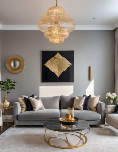 Crafting Cozy: 47 Creative Living Room Designs To Make You Feel At Home Grey Tones Living Room, Grey And Gold Living Room Ideas, Gold And Grey Living Room, Luxury Grey Living Room, Gray And Gold Living Room, Grey And Gold Living Room, Grey Couch Decor, Cream Sofa Living Room, Cozy Grey Living Room