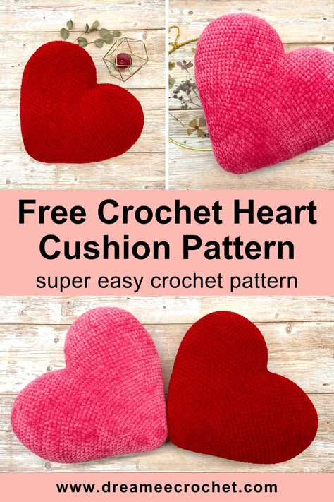 Free crochet heart cushion pattern, super easy crochet pattern #crochet #crochetprojects #crochetpatterns #crochetcushions #crochethearts Free Heart Pillow Crochet Pattern, Crochet Valentine Pillow Pattern, Crocheted Heart Pillow Pattern Free, Fun Crochet Pillow Patterns, Crochet Conversation Hearts Free Pattern, Heart Pillow Crochet Pattern Free, Crochet Love Heart, Crochet Heart Plush Pattern Free, Big Heart Crochet Pattern