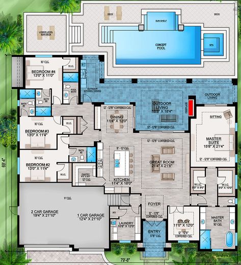 This 1-story coastal contemporary house plan gives you 3,290 square feet of heated and cooled living space with four bedrooms all with their own bathrooms. There's also a fifth bathroom - the pool bath - a must when you have a 1,758 square foot pool deck. The house plan is designed with a slab foundation and concrete block exterior walls, a flat cement tile roof and a stucco finish.   Inside, amenities include a welcoming great room with a 12'8" tray ceiling, an island kitchen (12' cei 4 Bedroom House Plans With Pool, Beach House Layout 2 Story, Pool Floor Plan, Pool Plans, U Shaped House Plans With Pool In Middle, 1 Story House Plans, Bloxburg One Story House Layout, Coastal Floor Plans, Florida Homes Exterior