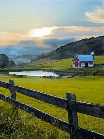 Red barn... in the distance Country Barns, Green Hills, Farm Barn, Country Scenes, A Pond, Red Barns, Old Barns, Country Farm, Red Barn