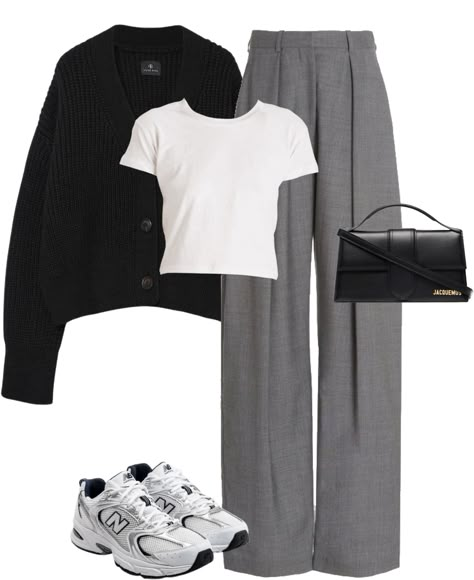 h outfit ideas | School Outfits University College Students, Grey Bottoms Outfit, Grey Trousers Outfit Women Casual, Grey Pant Outfits Women, Light Gray Trousers Outfit, Light Grey Trousers Outfit, Gray Slacks Outfit Women, Grey Flares Outfit, Grey Wide Leg Pants Outfit