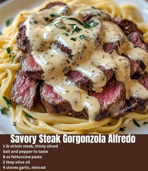 If you are in the mood for a rich and indulgent pasta dish that perfectly balances savory and creamy flavors, then Savory Steak Gorgonzola Alfredo with Creamy Family Meal Dinner Ideas, Traditional Pasta Dishes, Lecremedelacrumb Recipes, Dinner Ideas Alfredo, Copycat Olive Garden Steak Gorgonzola Alfredo, Gorgonzola Alfredo Sauce, Pasta Dinner Dishes, Husband Favorite Recipes, Steak And Gorgonzola Pasta