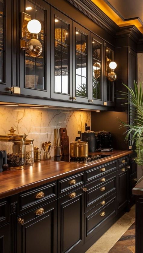 Black Kitchen Gold Accents, Gothic Country Kitchen, Dark Cabinet Dark Countertop, Black Cabinets Quartz Countertops, Dark Masculine Kitchen, Moody Interior Design Kitchen, Black Themed Kitchen Ideas, Dark Accent Kitchen, Country Kitchen Black Cabinets