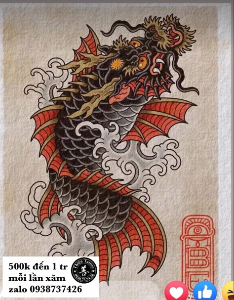 Dragon Koi Tattoo Design, Traditional Japanese Dragon, Koi Dragon Tattoo, Traditional Viking Tattoos, Koi Dragon, Koi Tattoo Design, American Traditional Tattoo Ideas, Traditional Tattoo Ideas, Dragon Fish