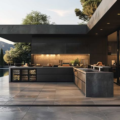 18+ Stylish and Functional Outdoor Kitchen Design Inspirations • 333+ Art Images Wwoo Outdoor Kitchen, Open Kitchen Garden, Treager Outdoor Kitchen Design, Terrace With Kitchen, Open Kitchen Outdoor, Industrial Outdoor Kitchen, Outdoor Modern Kitchen, Minimalist Outdoor Kitchen, Modern Villa Garden